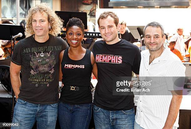 Founding member of Bon Jovi and contributing composer David Bryan, actress Montego Glover, actor Chad Kimball, and lyricist Joe DiPietro attend a BBQ...