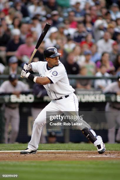 Franklin Gutierrez of the Seattle Mariners bats during the game against the New York Yankees at Safeco Field on August 15, 2009 in Seattle,...