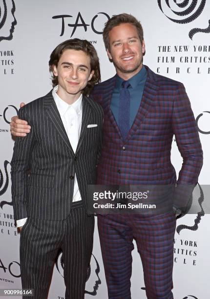 Actors Timothee Chalamet and Armie Hammer attend the 2017 New York Film Critics Awards at TAO Downtown on January 3, 2018 in New York City.