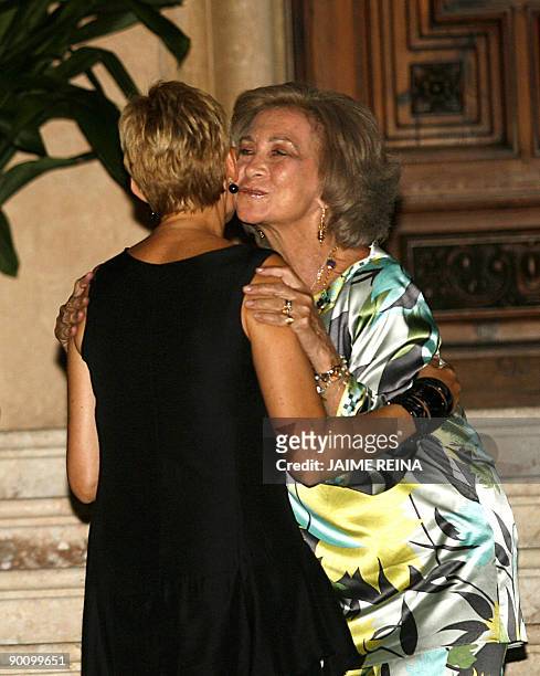 Spain's Queen Sofia welcomes Spanish Prime Minister's wife Sonsoles Espinosa at the Marivent Palace in Palma de Mallorca on August 26, 2009. The...