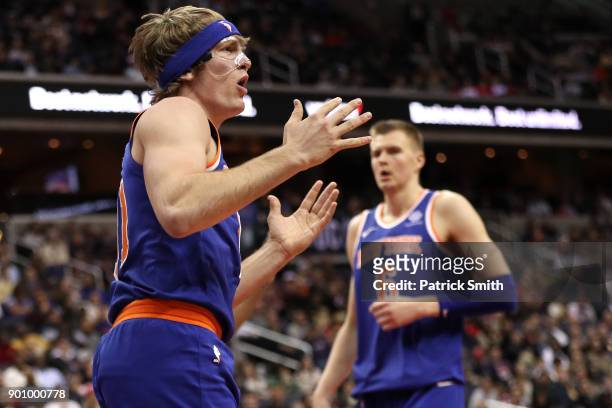 Ron Baker of the New York Knicks reacts against the Washington Wizards during the second half at Capital One Arena on January 3, 2018 in Washington,...