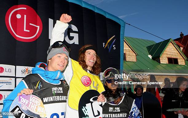 Shaun White of the United States of America celebrates after winning the Men's Snowboard Halfpipe final during day five of the Winter Games NZ at...