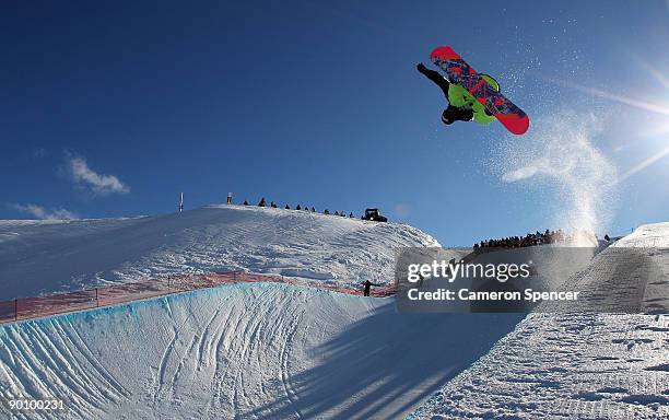 Janne Korpi of Finland competes in the Men's Snowboard Halfpipe during day five of the Winter Games NZ at Cardrona Alpine Resort on August 26, 2009...