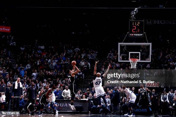 Spencer Dinwiddie of the Brooklyn Nets shoots the ball to win the game against the Minnesota Timberwolves on January 3, 2018 at Barclays Center in...