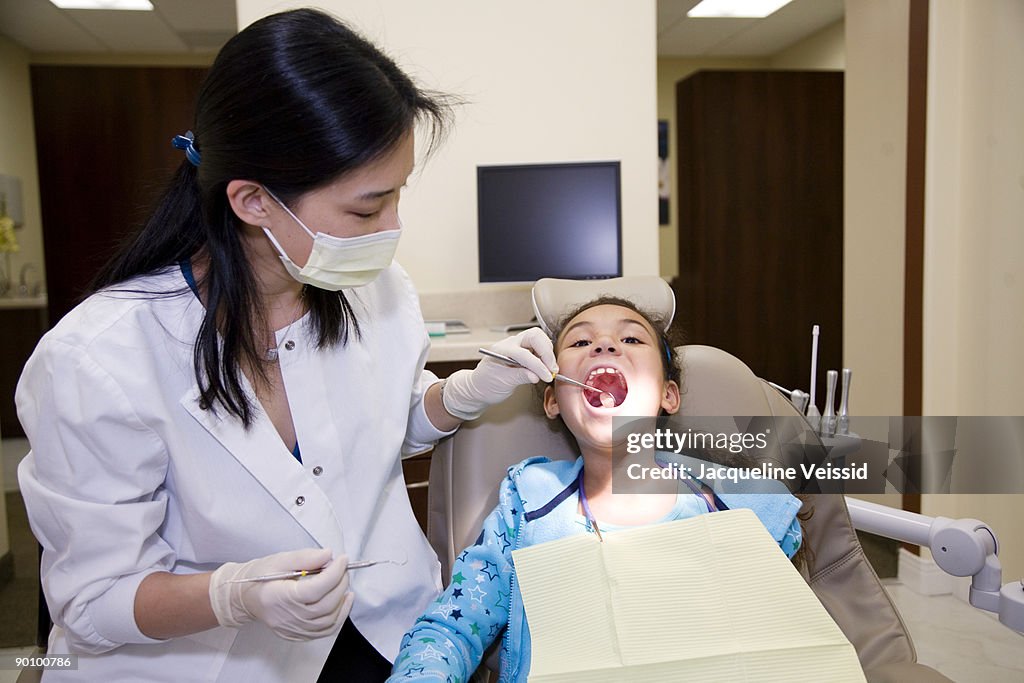 Young girl being examined by dentist