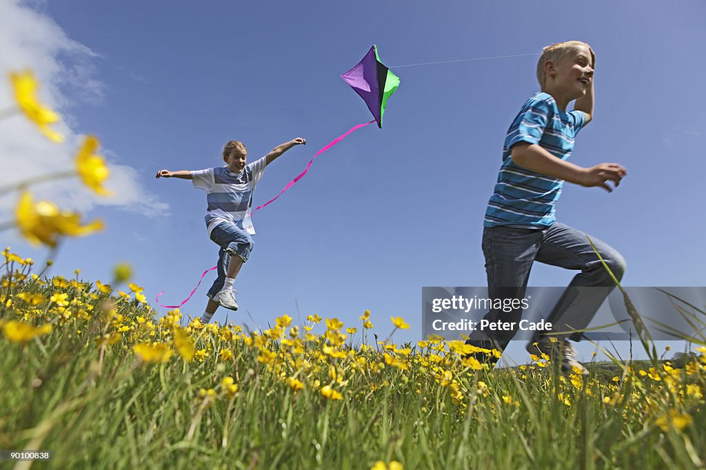 Brother and sister flying a kite