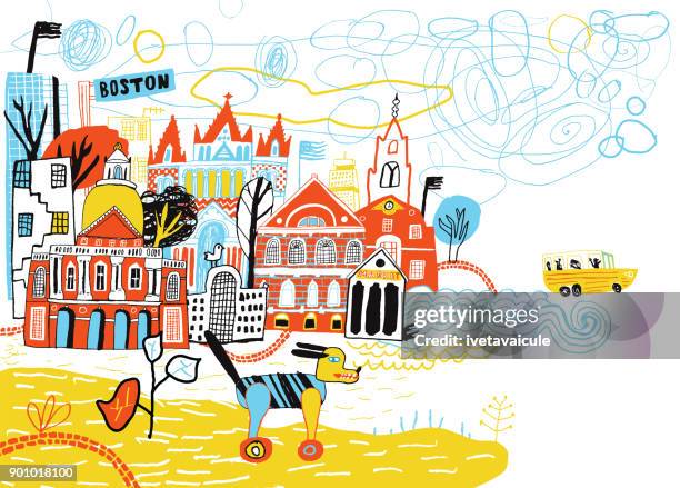 hand gezeichnete stadt boston usa - boston stock-grafiken, -clipart, -cartoons und -symbole