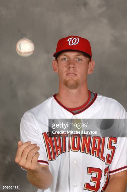 Stephen Strasburg, recently signed number one draft pick, of the Washington Nationals poses for photos before a baseball game against the Milwaukee...
