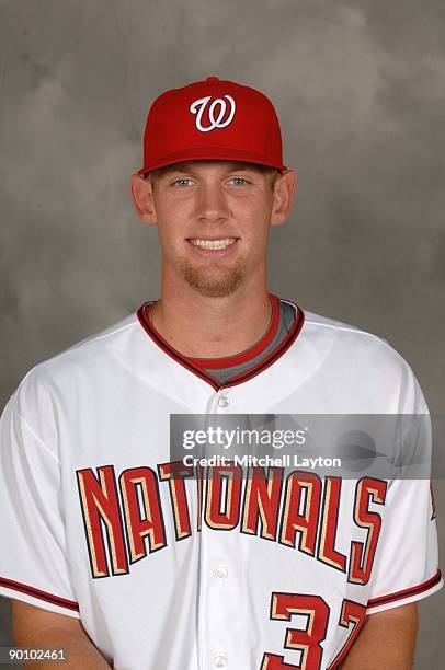 Stephen Strasburg, recently signed number one draft pick, of the Washington Nationals poses for photos before a baseball game against the Milwaukee...