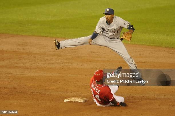 Alcides Escobar of the Milwaukee Brewers makes the force out run during a baseball game against the Washington Nationals on August 22, 2009 at...