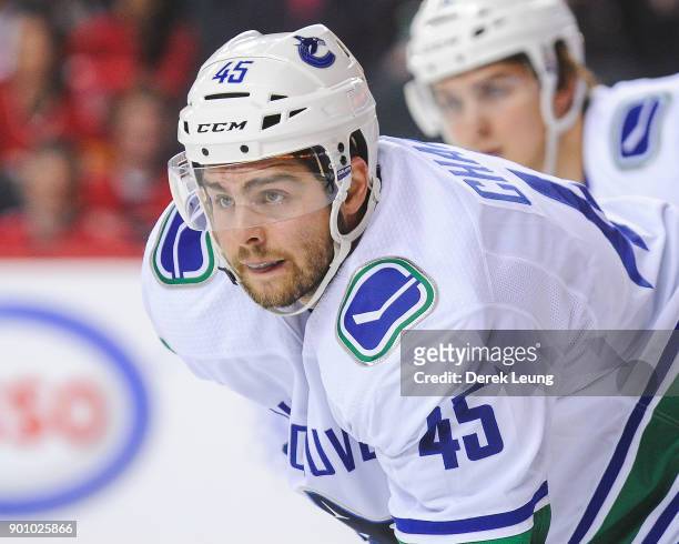 Michael Chaput of the Vancouver Canucks in action against the Calgary Flames during an NHL game at Scotiabank Saddledome on December 9, 2017 in...