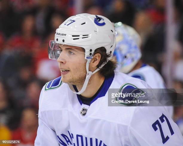Ben Hutton of the Vancouver Canucks in action against the Calgary Flames during an NHL game at Scotiabank Saddledome on December 9, 2017 in Calgary,...
