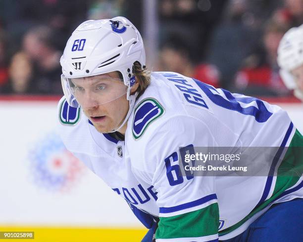 Markus Granlund of the Vancouver Canucks in action against the Calgary Flames during an NHL game at Scotiabank Saddledome on December 9, 2017 in...