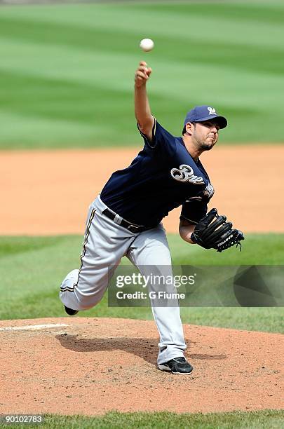 Carlos Villanueva of the Milwaukee Brewers pitches against the Washington Nationals at Nationals Park on August 23, 2009 in Washington, DC.