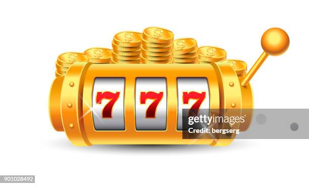 win slots machine with 777 combination and golden coins on white background - coin operated stock illustrations