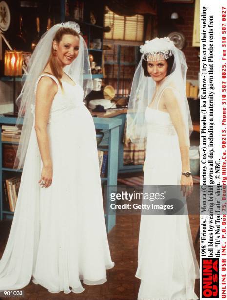 Friends." Monica and Phoebe try to cure their wedding blues by wearing bridal gowns all day, including a maternity gown that Phoebe rents from the...