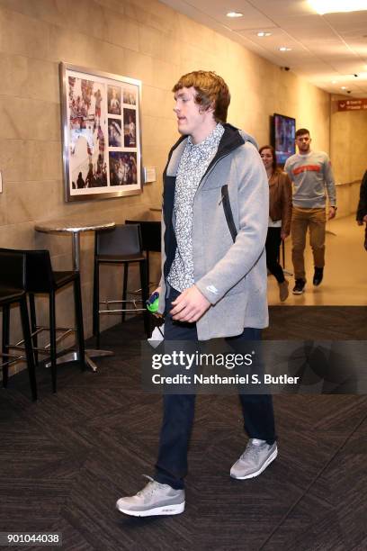 Ron Baker of the New York Knicks arrives to the arena prior to the game against the Philadelphia 76ers on December 25, 2017 at Madison Square Garden...