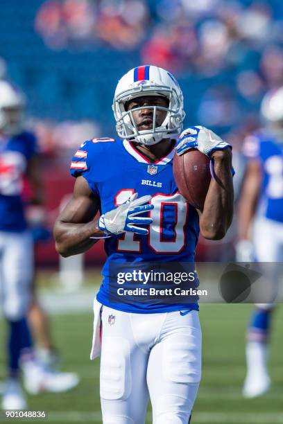 Deonte Thompson of the Buffalo Bills participates in warm ups before the game against the Tampa Bay Buccaneers at New Era Field on October 22, 2017...