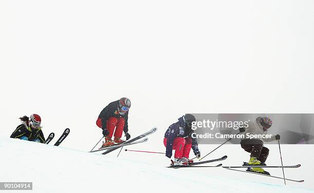 Competitors practice for the Skier Cross Freestyle Ski during day six of the Winter Games NZ at Cardrona Alpine Resort on August 27, 2009 in Wanaka,...