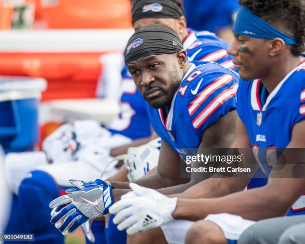 Deonte Thompson and Zay Jones of the Buffalo Bills watches game action during the game against the Tampa Bay Buccaneers at New Era Field on October...
