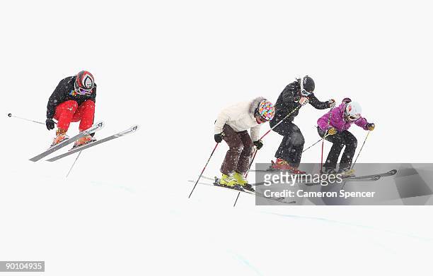 Competitors practice for the Skier Cross Freestyle Ski during day six of the Winter Games NZ at Cardrona Alpine Resort on August 27, 2009 in Wanaka,...