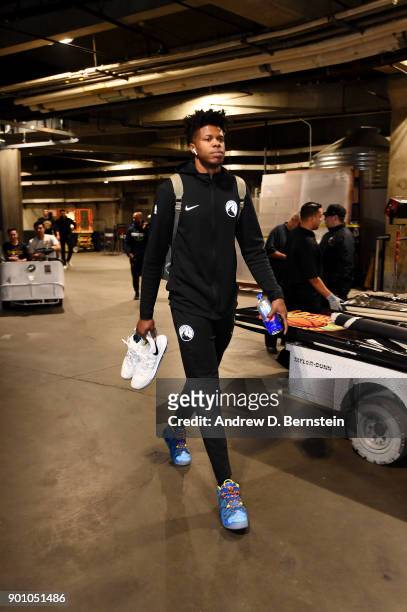 Justin Patton of the Minnesota Timberwolves arrives to the arena prior to the game against the Los Angeles Lakers on December 25, 2017 at STAPLES...