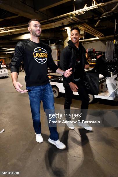 Larry Nance Jr. #7 of the Los Angeles Lakers and Anthony Brown of the Minnesota Timberwolves arrive to the arena prior to the game between the two...