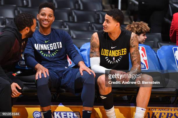 Anthony Brown of the Minnesota Timberwolves and Kyle Kuzma of the Los Angeles Lakers chat prior to the game between the two teams on December 25,...