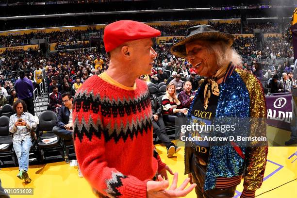 Musician Flea talks with Jimmy Goldstein during the game between the Minnesota Timberwolves and Los Angeles Lakerson December 25, 2017 at STAPLES...