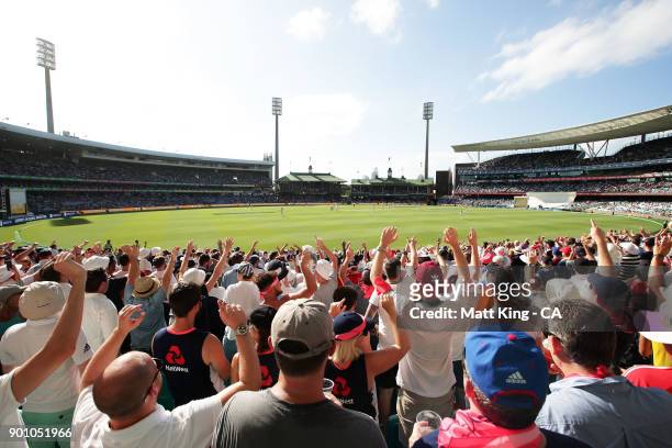The Barmy Army cheer during day one of the Fifth Test match in the 2017/18 Ashes Series between Australia and England at Sydney Cricket Ground on...