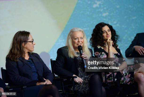 Maya Forbes, Jacki Weaver and Jenny Slate attend a screening of "The Polka King" at the 29th Annual Palm Springs International Film Festival on...