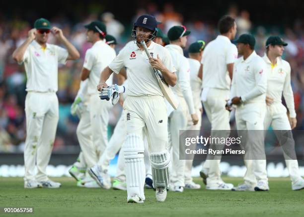 Jonny Bairstow of England looks dejected after being dismissed by Josh Hazlewood of Australia during day one of the Fifth Test match in the 2017/18...