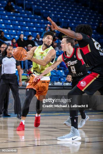 James Blackmon Jr. #1 of the Delaware 87ers looks to pass against the Erie Bayhawks during an NBA G-League game on January 3, 2018 at Bob Carpenter...