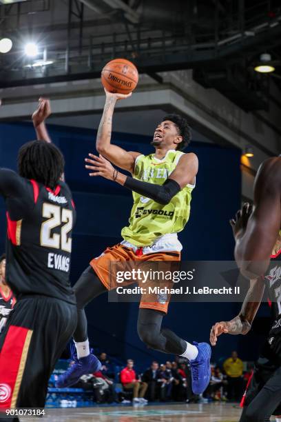 Christian Wood of the Delaware 87ers shoots against the Erie Bayhawks during an NBA G-League game on January 3, 2018 at Bob Carpenter Center, Newark,...