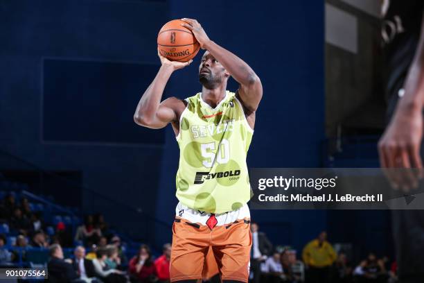Emeka Okafor of the Delaware 87ers shoots the ball against the Erie Bayhawks during an NBA G-League game on January 3, 2018 at Bob Carpenter Center,...