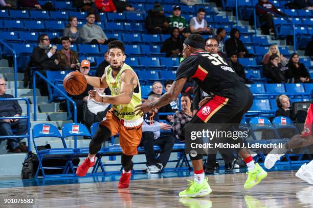 James Blackmon Jr. #1 of the Delaware 87ers looks to pass against the Erie Bayhawks during an NBA G-League game on January 3, 2018 at Bob Carpenter...