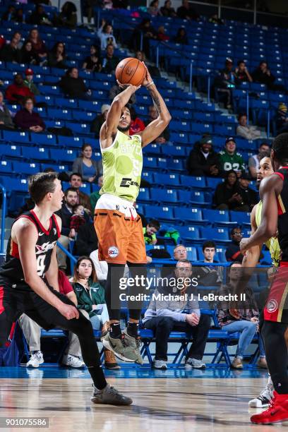 Darin Johnson of the Delaware 87ers shoots the ball against the Erie Bayhawks during an NBA G-League game on January 3, 2018 at Bob Carpenter Center,...