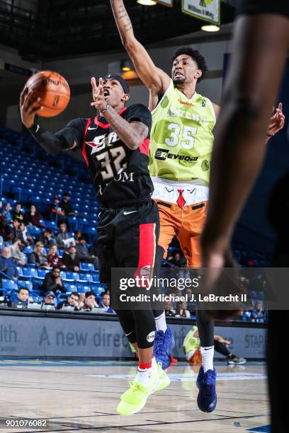 Craig Sword shoots the ball for the Erie Bayhawks against the Delaware 87ers, during an NBA G-League game on January 3, 2018 at Bob Carpenter Center,...