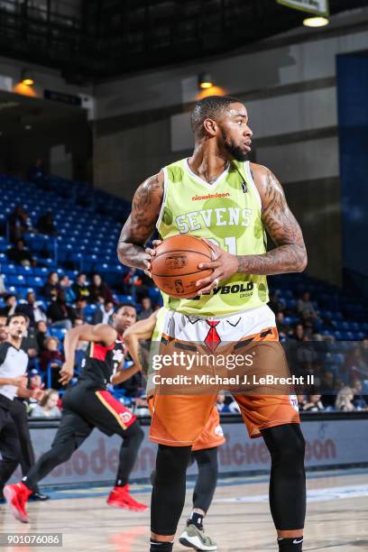 Shawn Long of the Delaware 87ers handles the ball against the Erie Bayhawks during an NBA G-League game on January 3, 2018 at Bob Carpenter Center,...