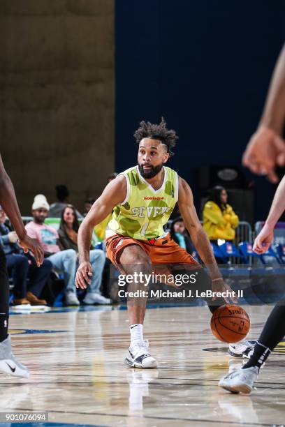 James Blackmon Jr. #1 of the Delaware 87ers handles the ball against the Erie Bayhawks during an NBA G-League game on January 3, 2018 at Bob...