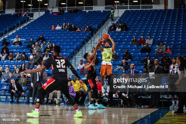 James Blackmon Jr. #1 of the Delaware 87ers shoots the ball against the Erie Bayhawks during an NBA G-League game on January 3, 2018 at Bob Carpenter...