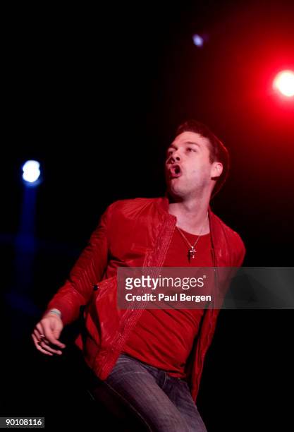 Lead singer Tom Meighan of British band Kasabian performs on stage on the first day of Lowlands festival at Evenemententerrein Walibi World on August...