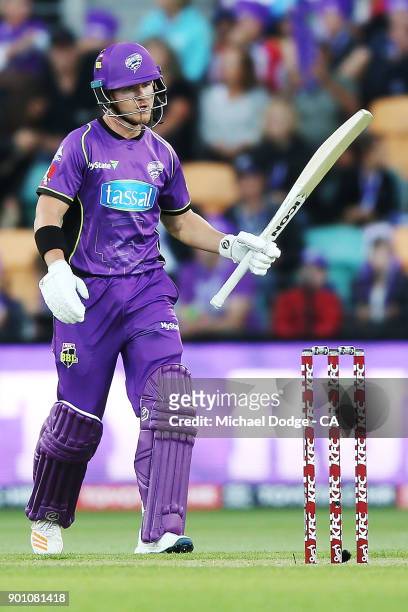 Arcy Short of the Hurricanes celebrates making his half century during the Big Bash League match between the Hobart Hurricanes and the Adelaide...