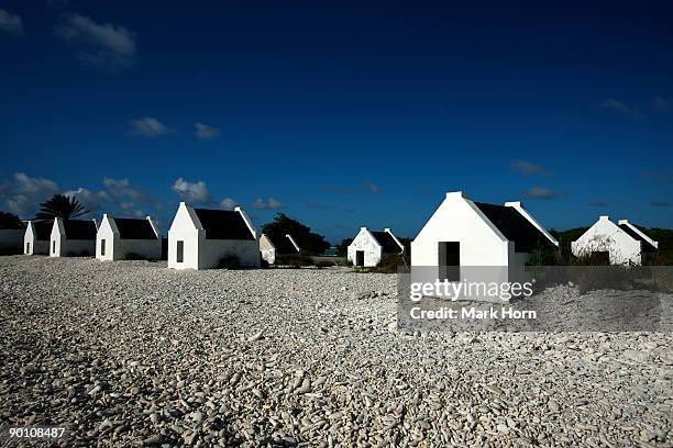 slave huts on bonaire, caribbean - shack stockfoto's en -beelden