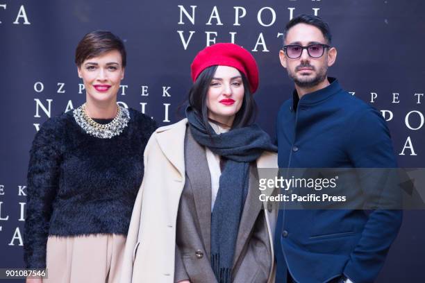 Italian singer Arisa with Italian actress Roberta Giarrusso and Riccardo Pasquale during photocall of the Italian film "Napoli Velata".