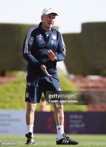 Head coach Jupp Heynckes reacts during a training session on day 3 of the FC Bayern Muenchen training camp at ASPIRE Academy for Sports Excellence on...