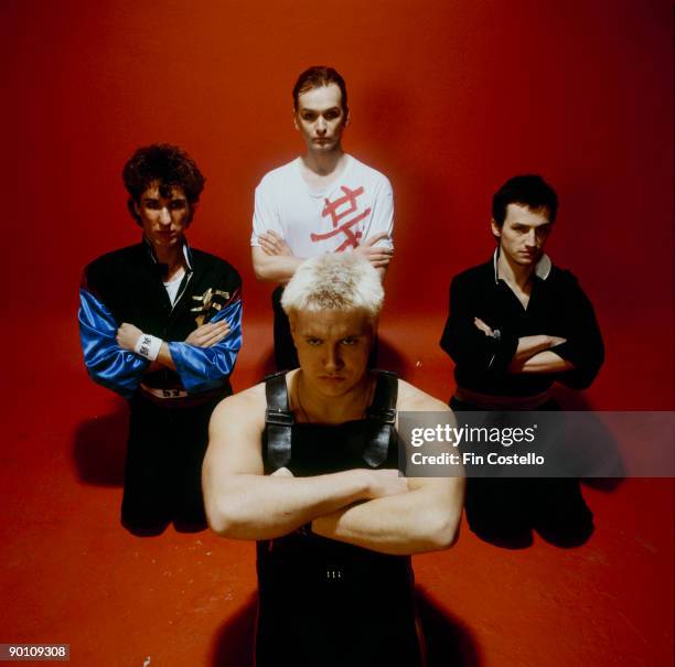 Posed group portrait of the band Wang Chung. Clockwise fromn left are Nick Feldman, Jack Hues, Dave Burnand and Darren Costin in March 1982.