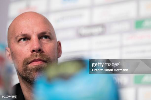 Axel Kromer, Manager Sports of the DHB, attends a press conference during the Germany Handball Media Access at Porsche Arena on January 4, 2018 in...