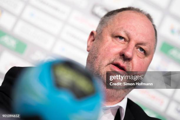 President Andreas Michelmann attends a press conference during the Germany Handball Media Access at Porsche Arena on January 4, 2018 in Stuttgart,...