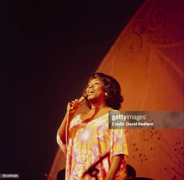 American jazz singer Sarah Vaughan performs live on stage during a concert at Victoria Palace Theatre in London circa 1975.